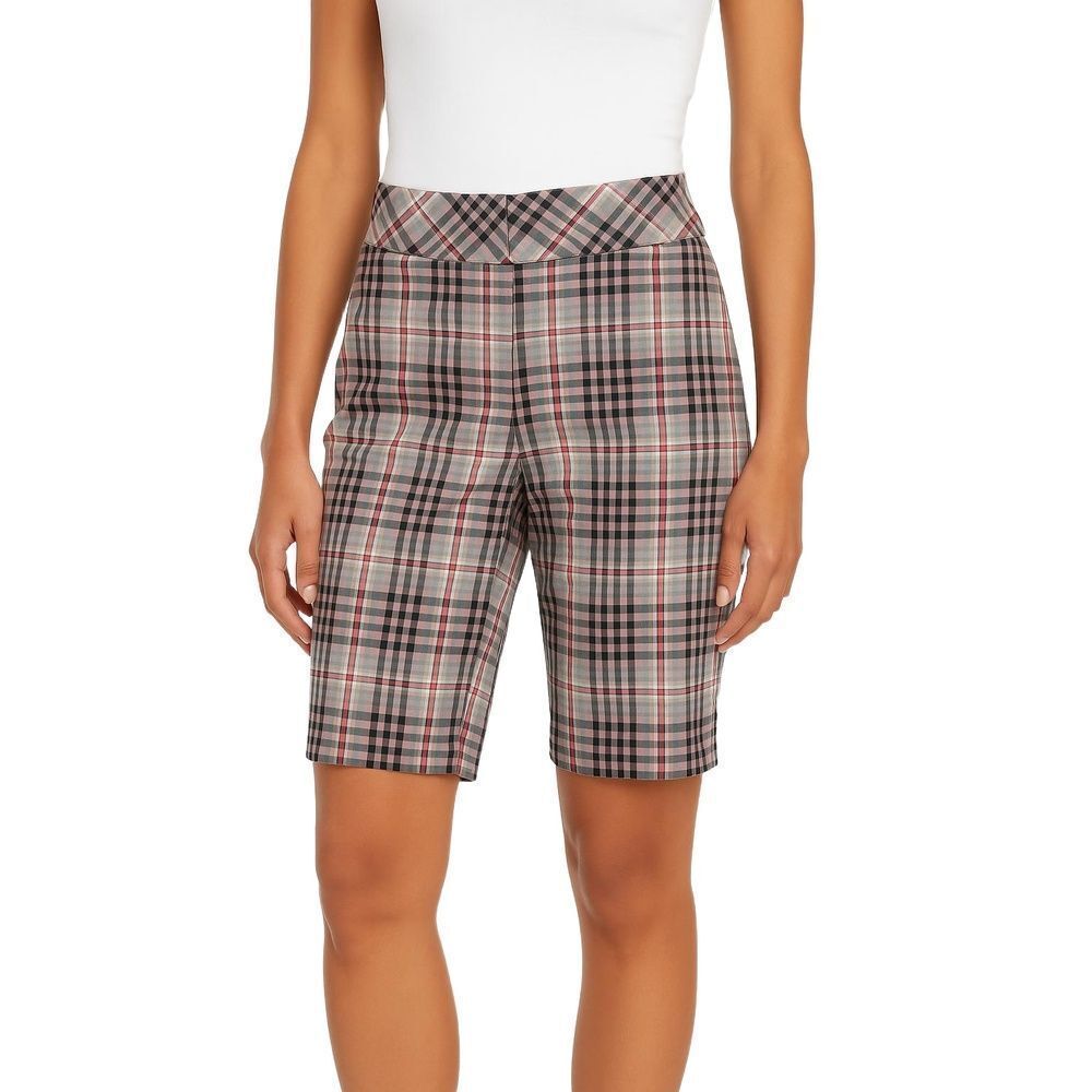 Nicole By Nicole Miller Gray Pink White Plaid High Waist Bermuda Shorts Womens 6